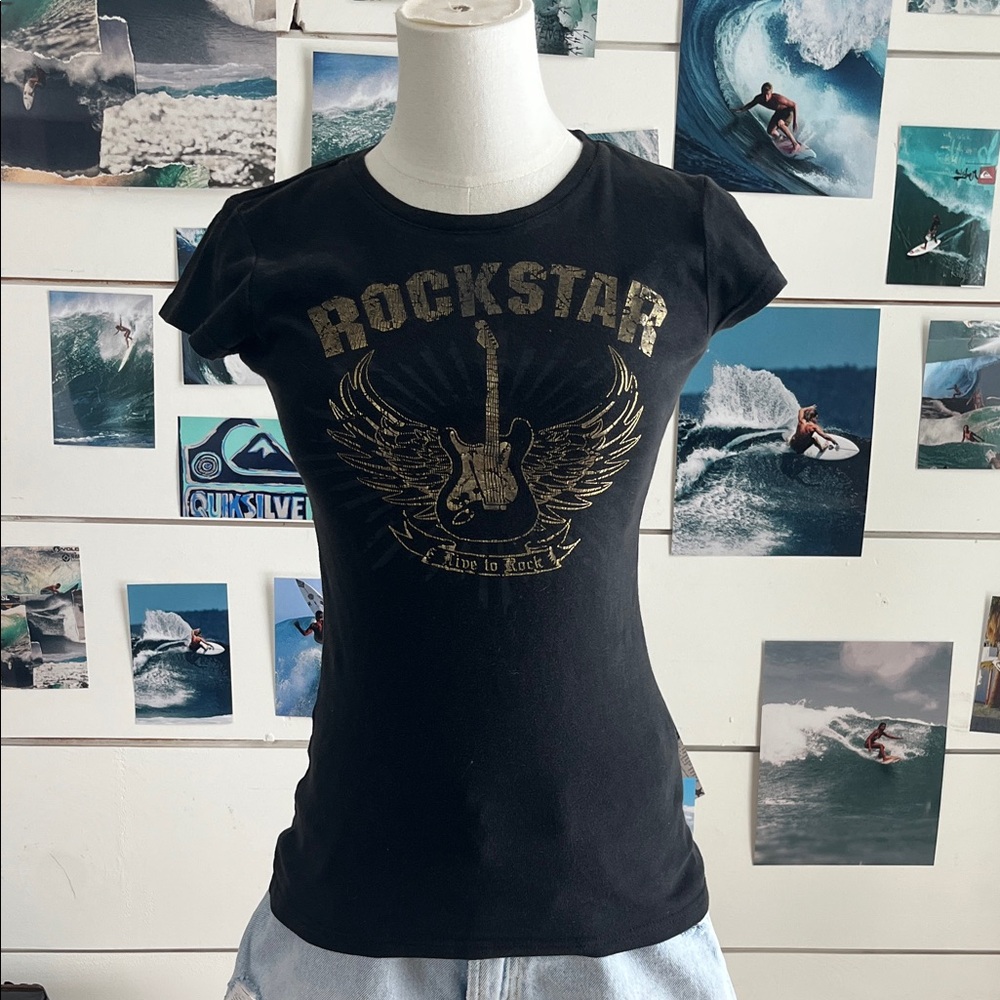 2000s Streetwear Society Black Tee with Gold Rockstar Y2K full length